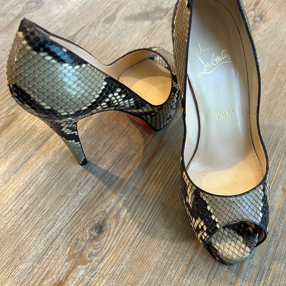 Christian Louboutin Black and Tan Snakeskin Heels